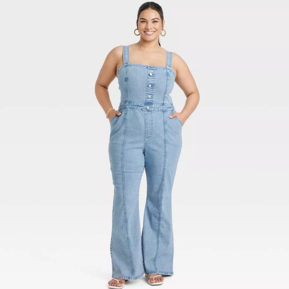 Ava & Viv Women's Denim Flare Jumpsuits Sleeveless Overalls